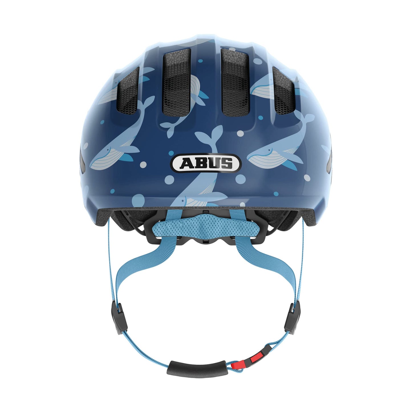 ABUS children's helmet Smiley 3.0 - bicycle helmet with a deep fit, child-friendly designs & space for a braid - for girls and boys - blue with whale pattern, size S - 67261