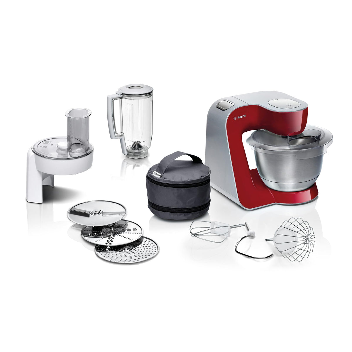 Bosch Kitchen Machine Series 4, stainless steel bowl 3.9 L dishwasher safe, blender 1.25 L, planetary mixer, kneading hook, whisk, stirring whisk, continuous slicer, 3 discs, 1000 W, dark red, MUM58720