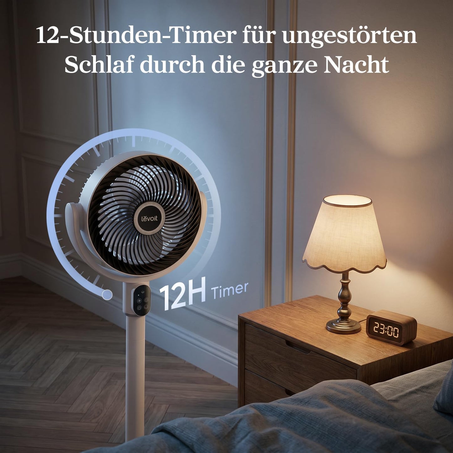 Levoit pedestal fan with DC motor, 20dB quiet fan, 1740m³/h airflow, 24m range, 6.5m/s, 90°+90° oscillation, 2 in 1 height adjustable, 5 levels, 12 hour timer, cloud gray, 97 cm - LPF-R382-WEU