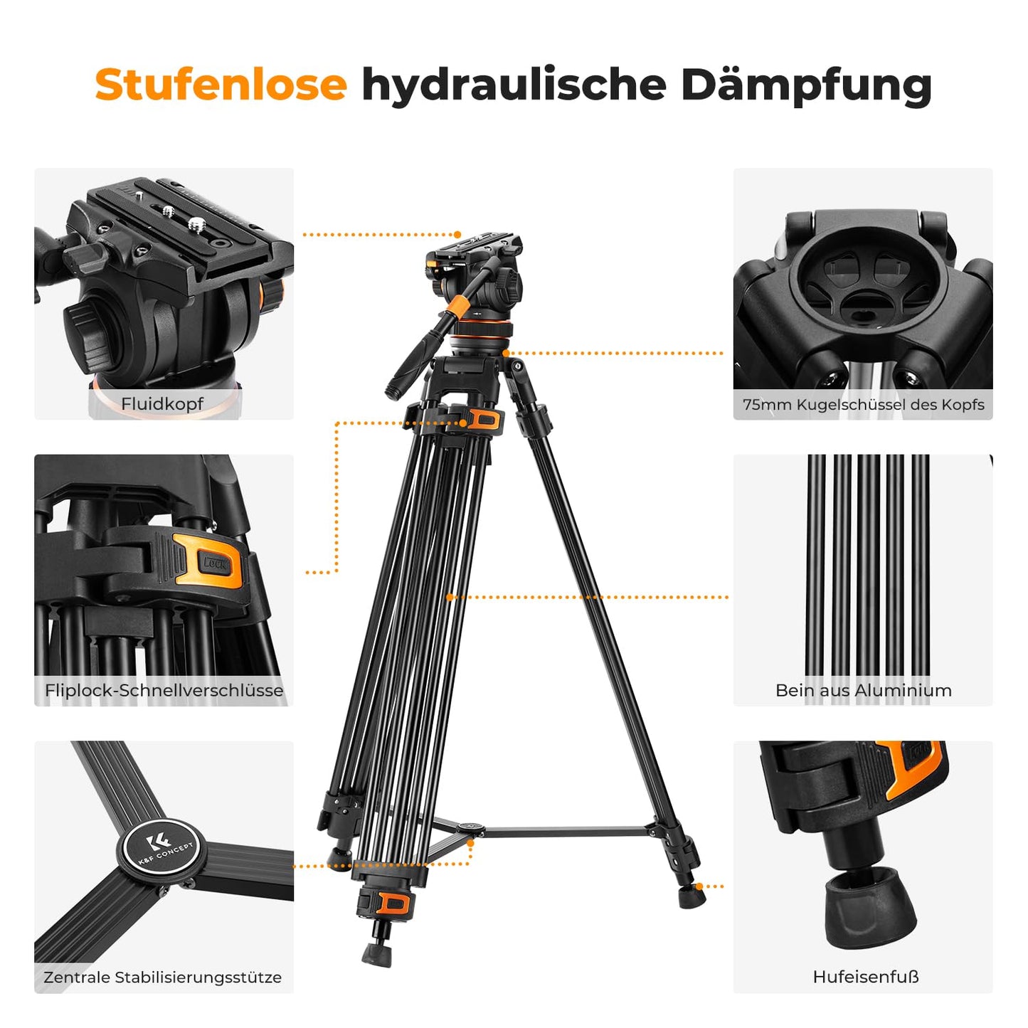 Video tripod, K&F Concept VA3+BV20 aluminum black camera tripod, with 360° fluid head, 191cm video tripod, compatible with Canon Nikon Sony and other DSLR, camcorders, cameras, 10kg load capacity - KF09.148