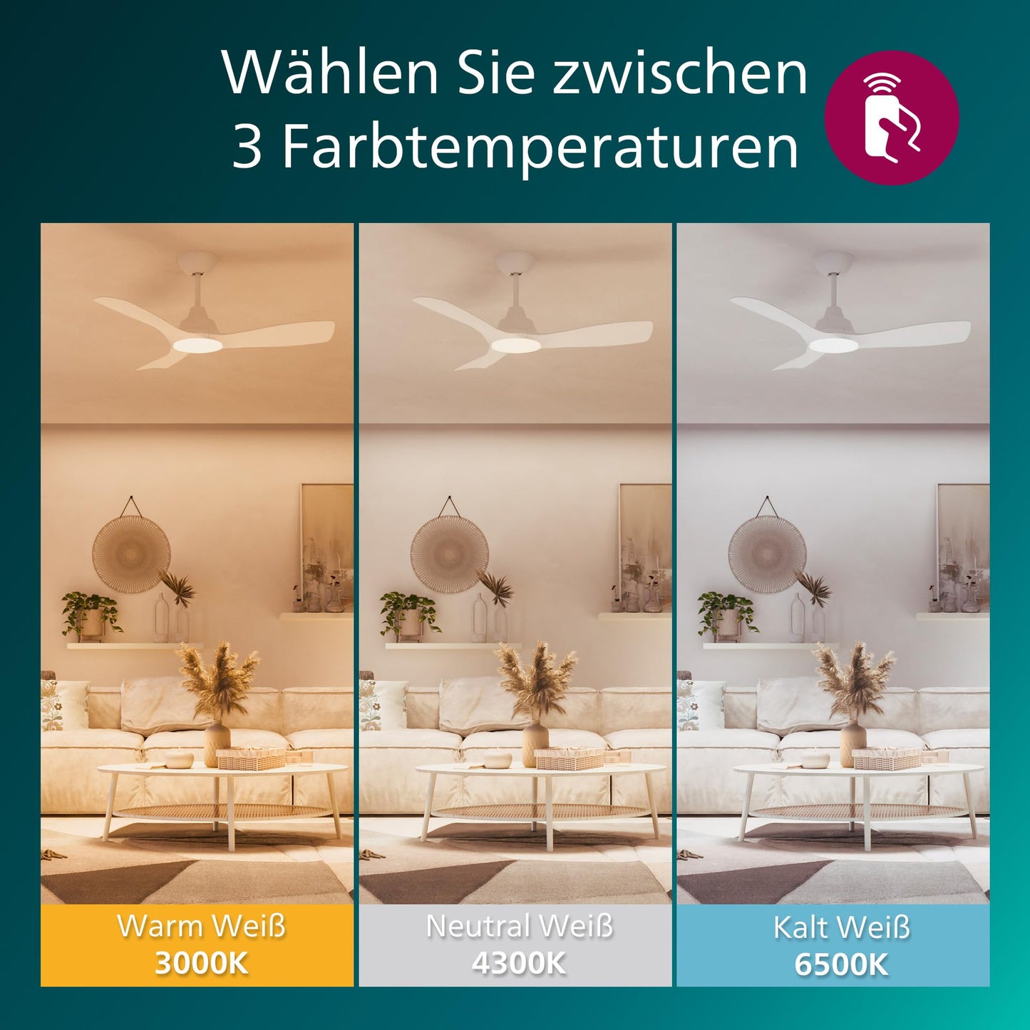 PHILIPS Fixed Blade Ceiling Fan, 3 Blades, Large (52"), 28W LED Light, DC Motor, Color Temperature Range (3000K, 4300K, 6500K) with Dimming Function, Remote Control Included - 929004689111