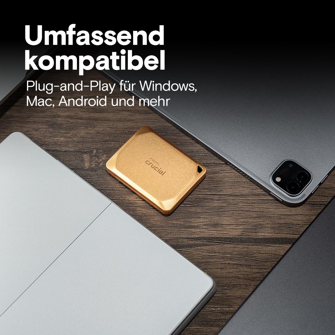 Crucial X10 Pro 2TB External SSD, up to 2,100MB/s read and 2,000MB/s write speeds, Portable Solid State Drive, water and dust resistant IP55, USB-C 3.2, Gold - CT2000X10PROSSD9D02