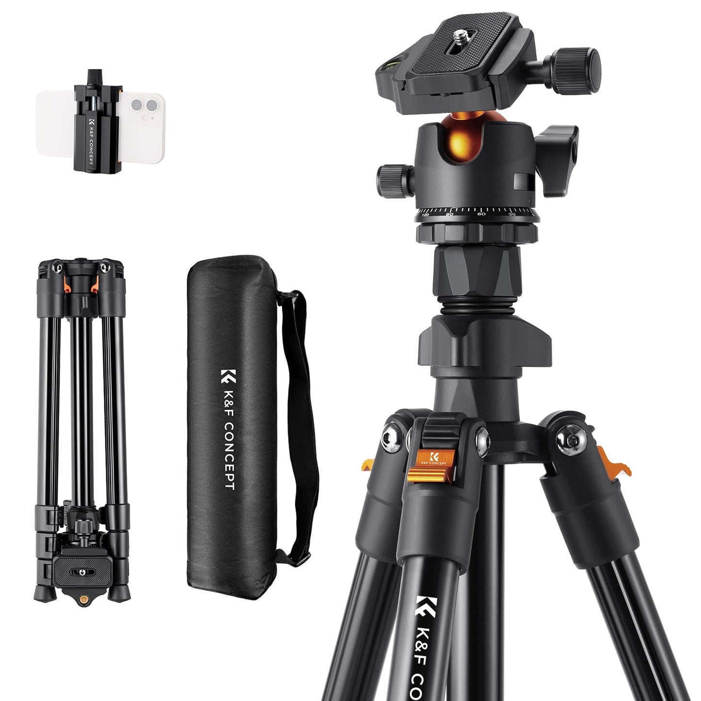 K&F CONCEPT O234A1 mobile phone tripod, 163cm camera tripod, tripod for on the go, tripod for smartphone with mobile phone holder, aluminum travel tripod - K234A0+BH-28L