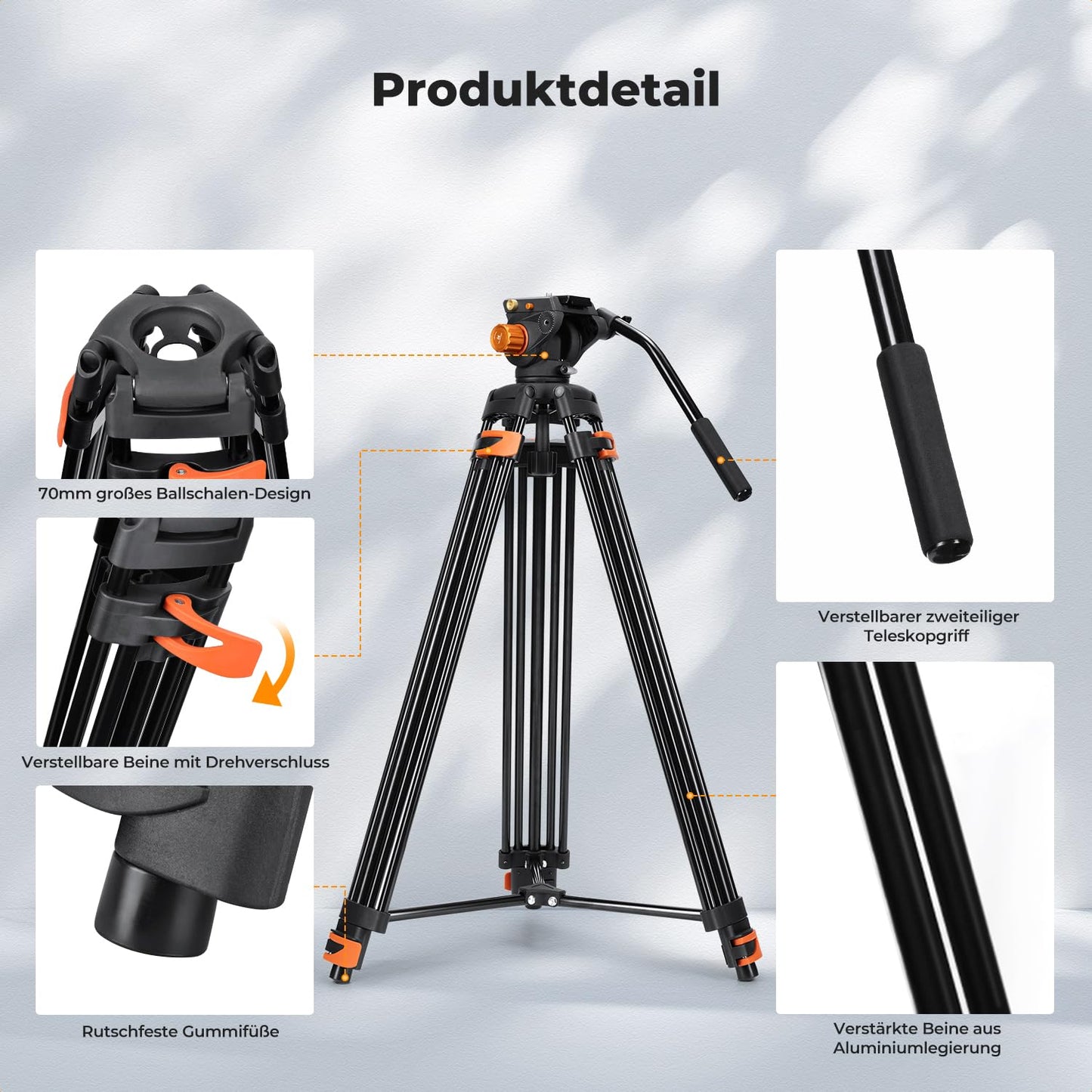 K&F CONCEPT Black-Orange Aluminum 202cm Video Tripod, Heavy Duty Tripod with Fluid Head and Quick Release Plate, Camera Tripod for DSLR, Camcorders, Cameras, Load Capacity 8kg - VA3+BV70