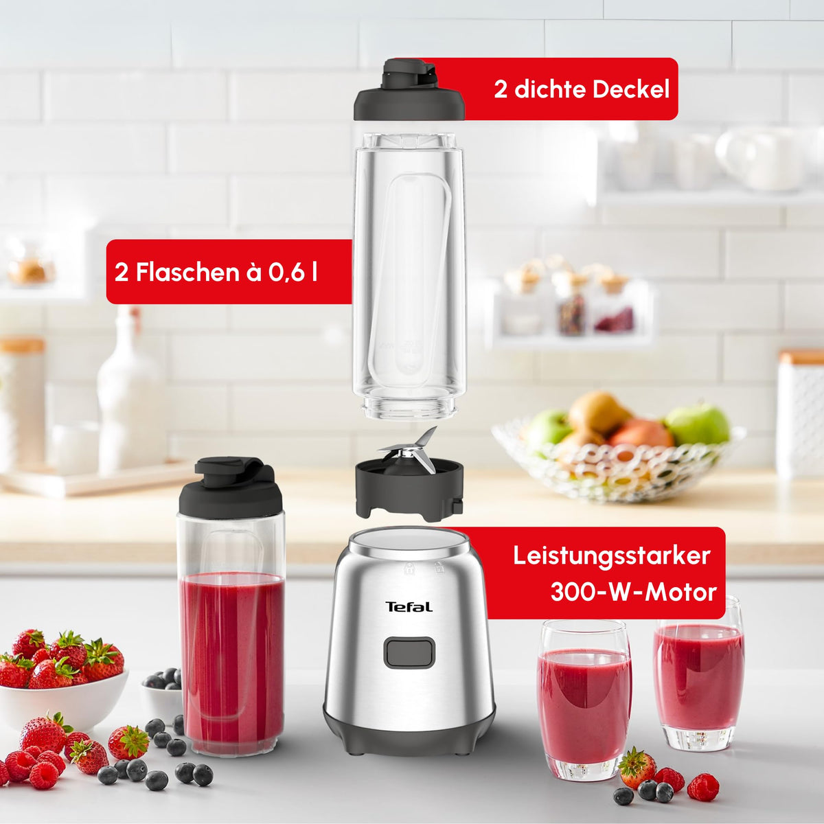 Tefal Mix and Move Mini Blender, 300 Watts, 2 To-Go Bottles in Premium Tritan, compact design, easy to clean, removable blades, one-button operation, Silver/Grey, BL15FD