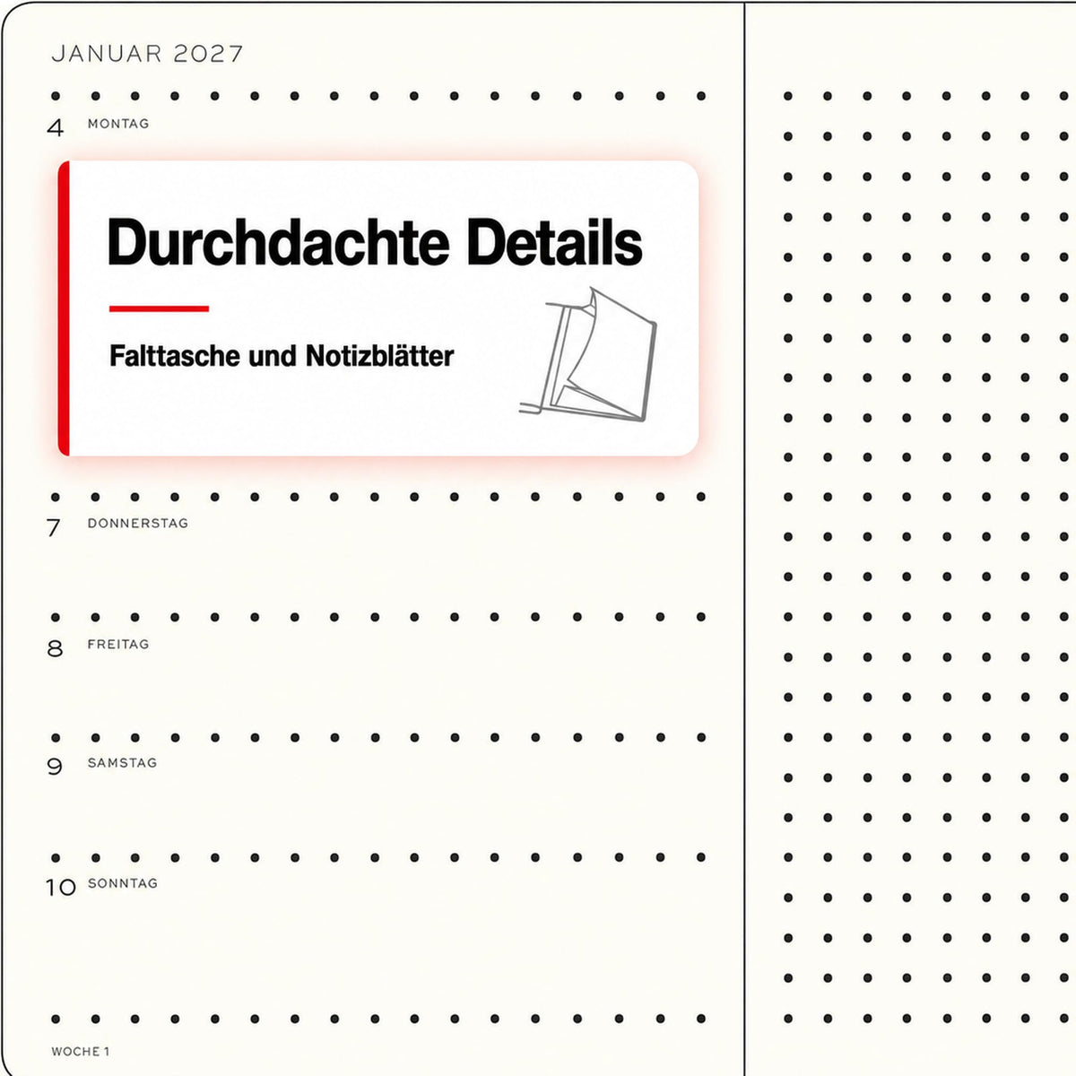 LEUCHTTURM1917 Calendar săptămânal 2027 punctat mediu (A5) cu caiet - Planificator de întâlniri german, floarea soarelui, ianuarie-decembrie 2027, prezentare generală săptămânală în stânga + pagină cu note în dreapta - 400093