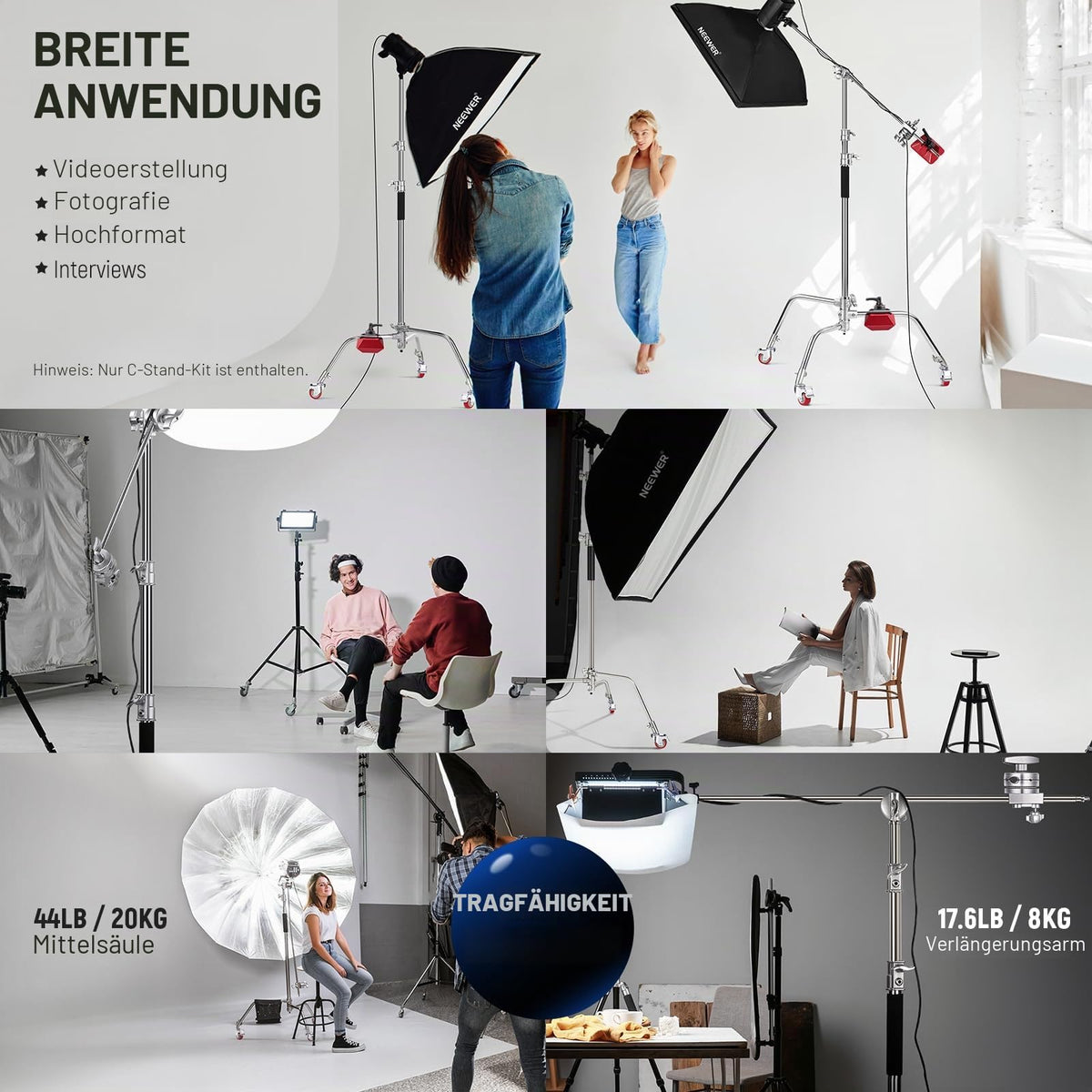 NEEWER Heavy Duty Light Stand, Height-Adjustable Metal C Tripod, 3.4m with Boom Arm, Integrated Suspension Buffer, 1/4" Screw, for Studio LEDs DSLR Cameras Maximum Load Capacity: 10kg, Black - SC340AW