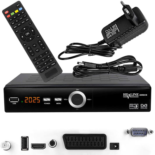 Hd-line 20900 HD Sat Receiver Satellite DVB S2 HD Receiver for SAT Digital Satellite SAT Receiver (DVB-S/S2, HDMI, SCART, 2X USB 2.0, Full HD 1080p) (Pre-programmed for Astra Hotbird and Türksat) - HD-LINE
