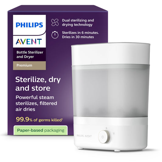 Philips AVENT Premium Baby Bottle Sterilizer and Dryer, removes 99.9% of bacteria, chemical-free, capacity for 6 bottles/nipples/accessories, model SCF293/00