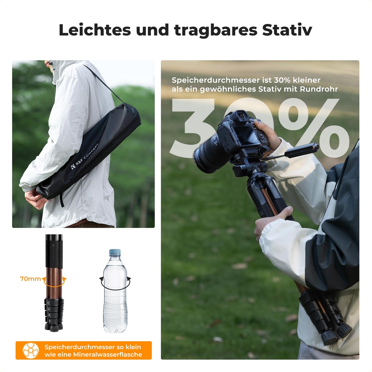 K&F CONCEPT Camera tripod S255A3+BV01, lightweight tripod with bag, 190 cm mobile phone tripod, tripod for Canon Nikon Sony camera/DSLR/camcorder, tripod for smartphone, travel tripod with mobile phone tablet holder (gold) - KF09.156
