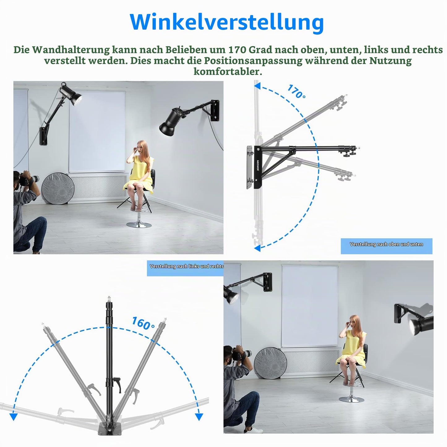 NEEWER Wall Mounted Boom Arm with Triangle Base for Photography Studio Video Strobe Light Monolight Softbox Umbrella Reflector, 180 Degree Rotation, Max Length 51.2 Inches/130cm (Black) - ST-WM130