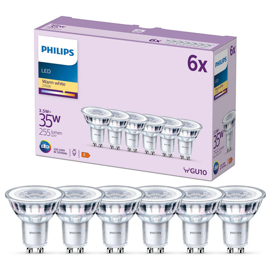 Philips LED Classic GU10 lamps pack of 6 (35 W), reflector LED spots with warm white light, energy-saving lamps with a long useful life, warm white - 929001217896