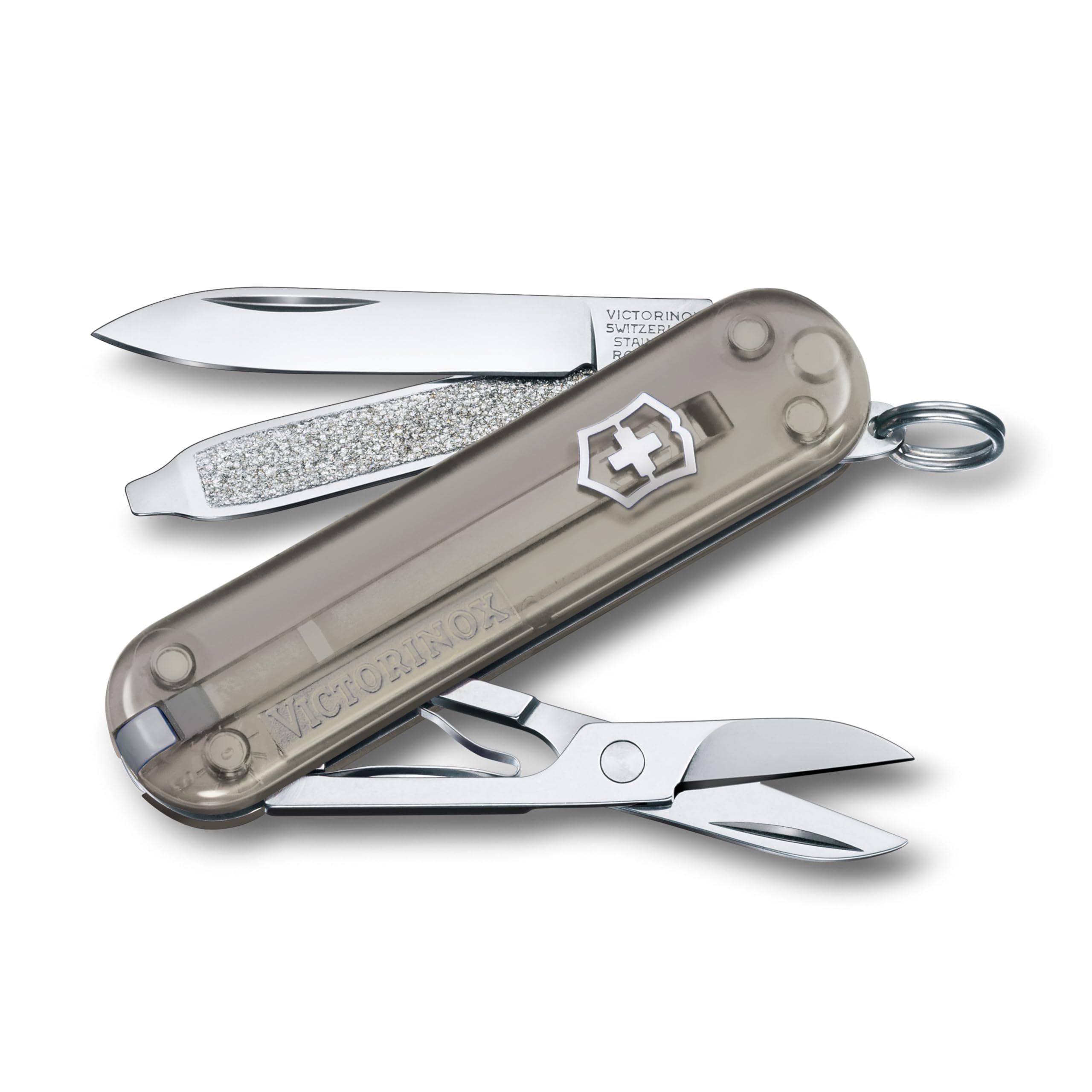 Victorinox Swiss Army Knife, Small, Classic SD, Multitool, Swiss Army Knife, Gift, 7 Functions, Blade, Nail File, Gray Transparent - 0.6223.xxxG