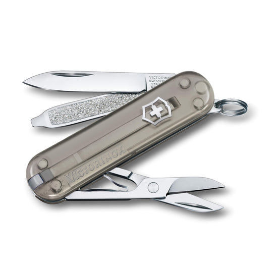 Victorinox Swiss Army Knife, Small, Classic SD, Multitool, Swiss Army Knife, Gift, 7 Functions, Blade, Nail File, Gray Transparent - 0.6223.xxxG