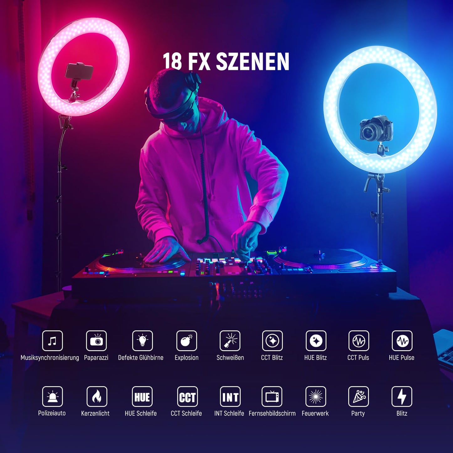 NEEWER 18" RGB LED Ring Light APP Control with Stand and Phone Holder, 42W Dimmable, 2500-10,000K, GM ± 50 Bi Color, CRI97+/TLCI98+, 360° Full Color, 18 Scenes for Selfie, TikTok, Vlog, RGB18 II - 10103392