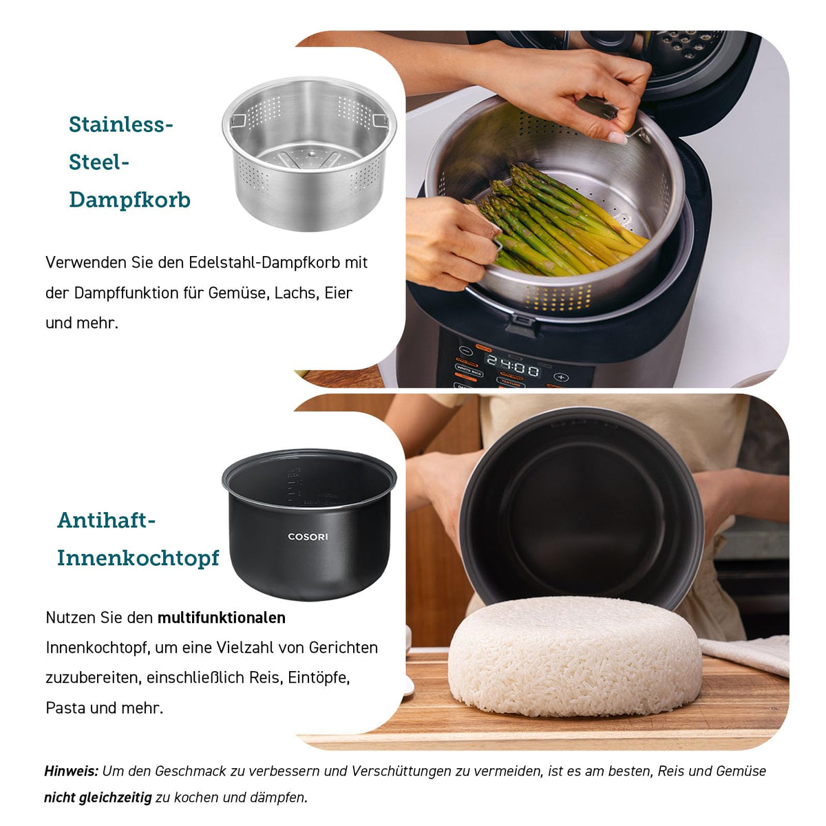 Cosori Reiskocher, Rice Cooker 5 L, Keramikbeschichtung, Fuzzy-Logik - CRC-R501-KEU