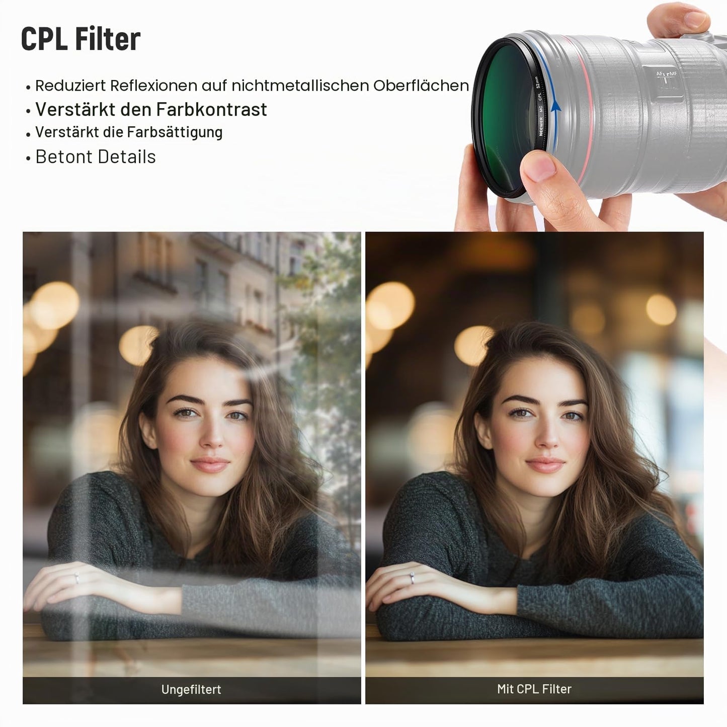 NEEWER 52mm UV/CPL/ND lens filter set with hard case, coated optical glass accessories & aluminum frame ultraviolet filter + circular polarization filter (CPL) + neutral density (ND4) filter - NW