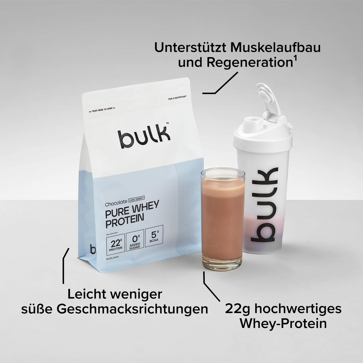 Bulk Pure Whey Protein Powder Less Sweet, Chocolate, 22g Protein and 5g BCAAs per serving, Whey Concentrate Shake, Low Sugar, Supports Muscle Growth and Recovery, Good Solubility, 2.5kg