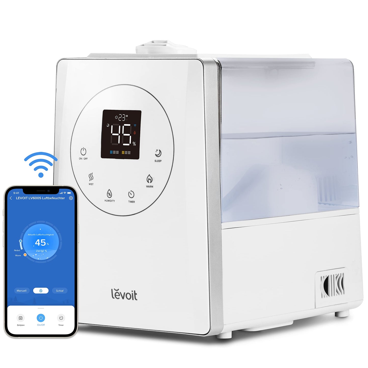 Levoit Smart humidifier for large rooms, top-fill humidifier, warm & cold mist max 550 ml/h, up to 40-70m², quiet room humidifier for children's rooms, plants, auto shut-off, 6 L, white - LUH-A603S-WUK