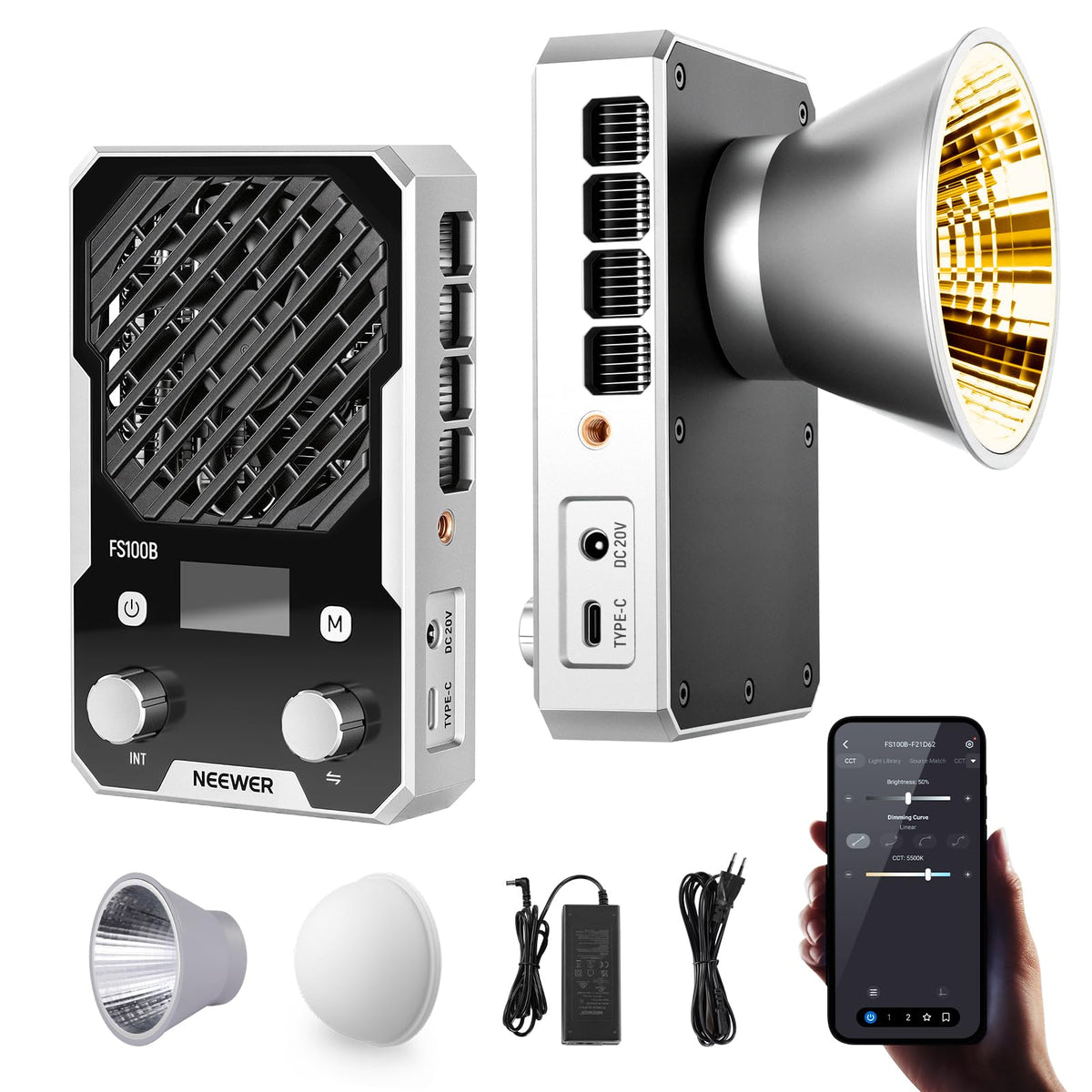 NEEWER 100W ultracompact LED Videolumină cu aplicație și control prin panou, lampă video bi-color COB de dimensiuni reduse cu putere constantă a luminii, 4 curbe de atenuare, 2700K–6500K, CRI 96+, FS100B