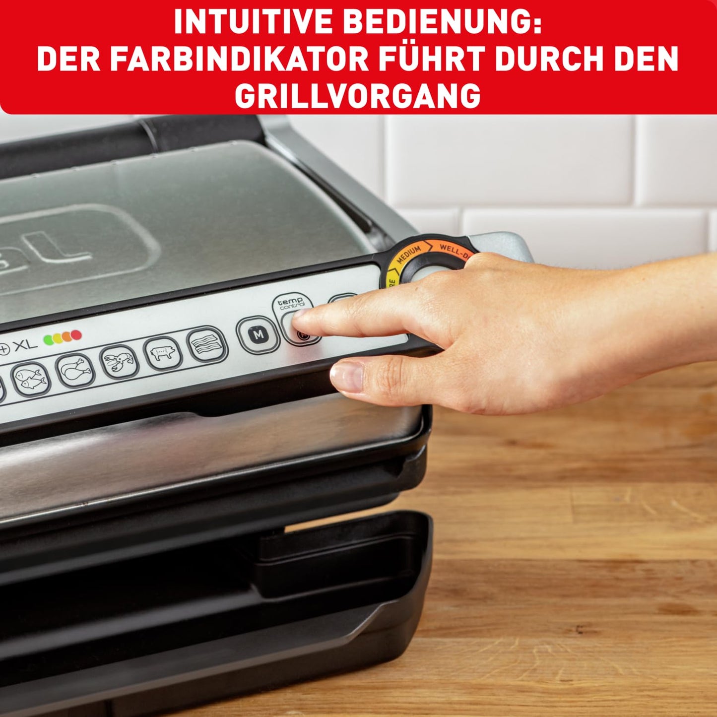 Tefal OptiGrill+ XL contact grill, 9 programs, manual mode, 200 W, cooking level display, thickness measurement, removable XL plates, electric grill, stainless steel, GC722D16