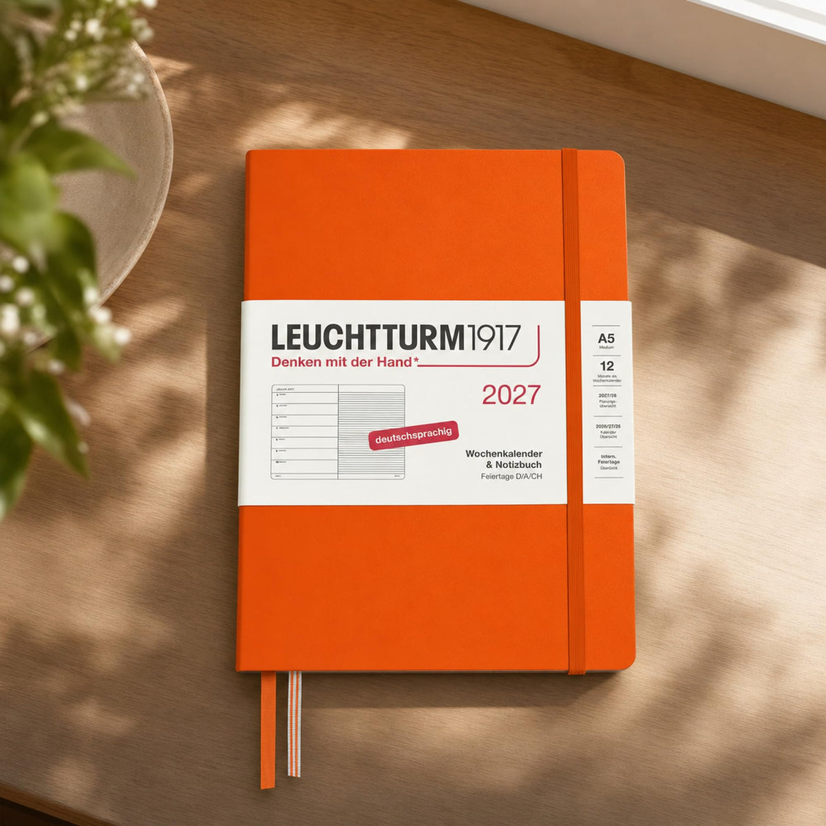 LEUCHTTURM1917 Weekly Calendar 2027 Medium (A5) with Notebook - Appointment Planner German, Pumpkin, January-December 2027, Weekly Overview on the Left + Notes Page on the Right - 400050