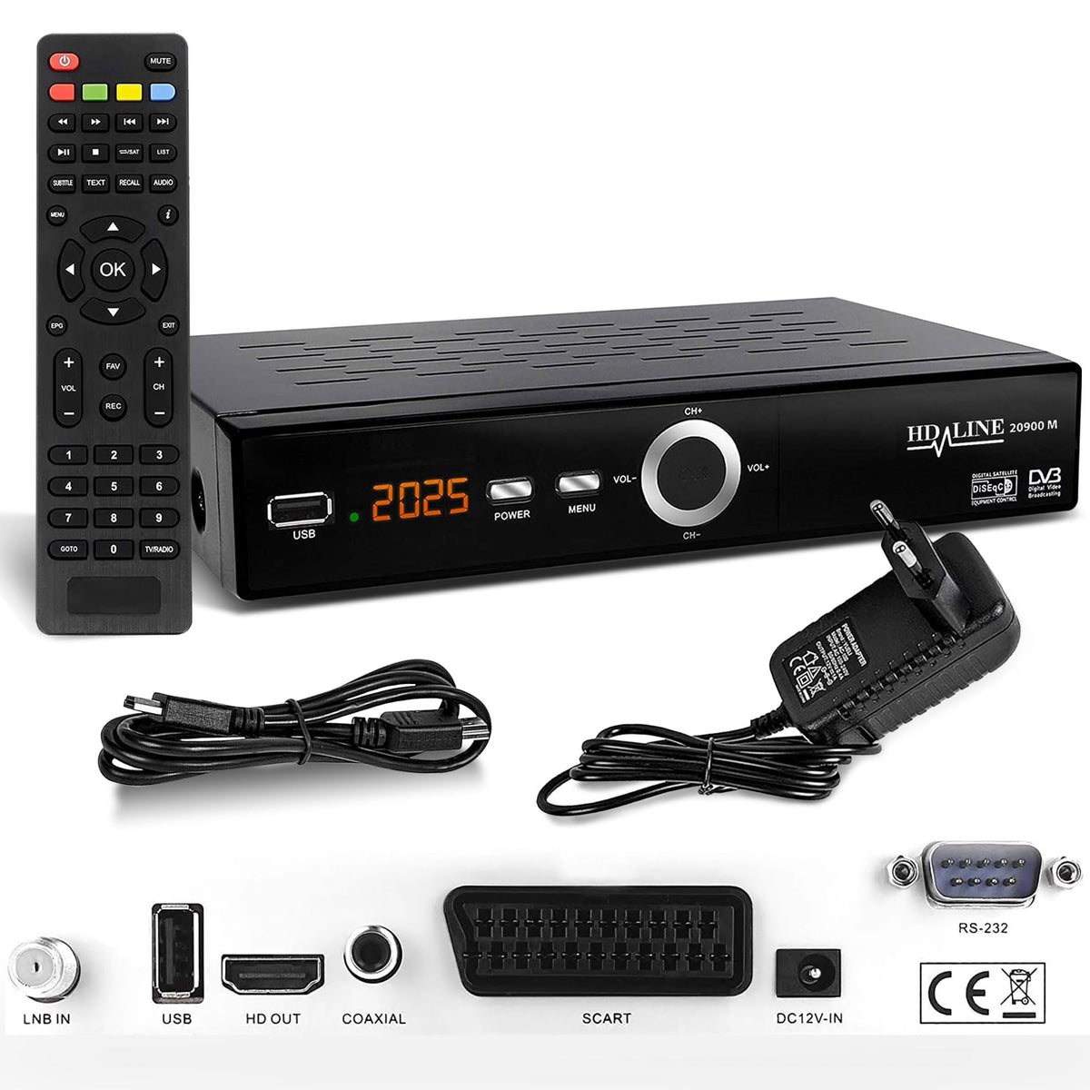 Hd-line 20900 HD Sat Receiver Satellite DVB S2 HD Receiver for SAT Digital Satellite SAT Receiver (DVB-S/S2, HDMI, SCART, 2X USB 2.0, Full HD 1080p) (Pre-programmed for Astra Hotbird and Türksat) - HD-LINE
