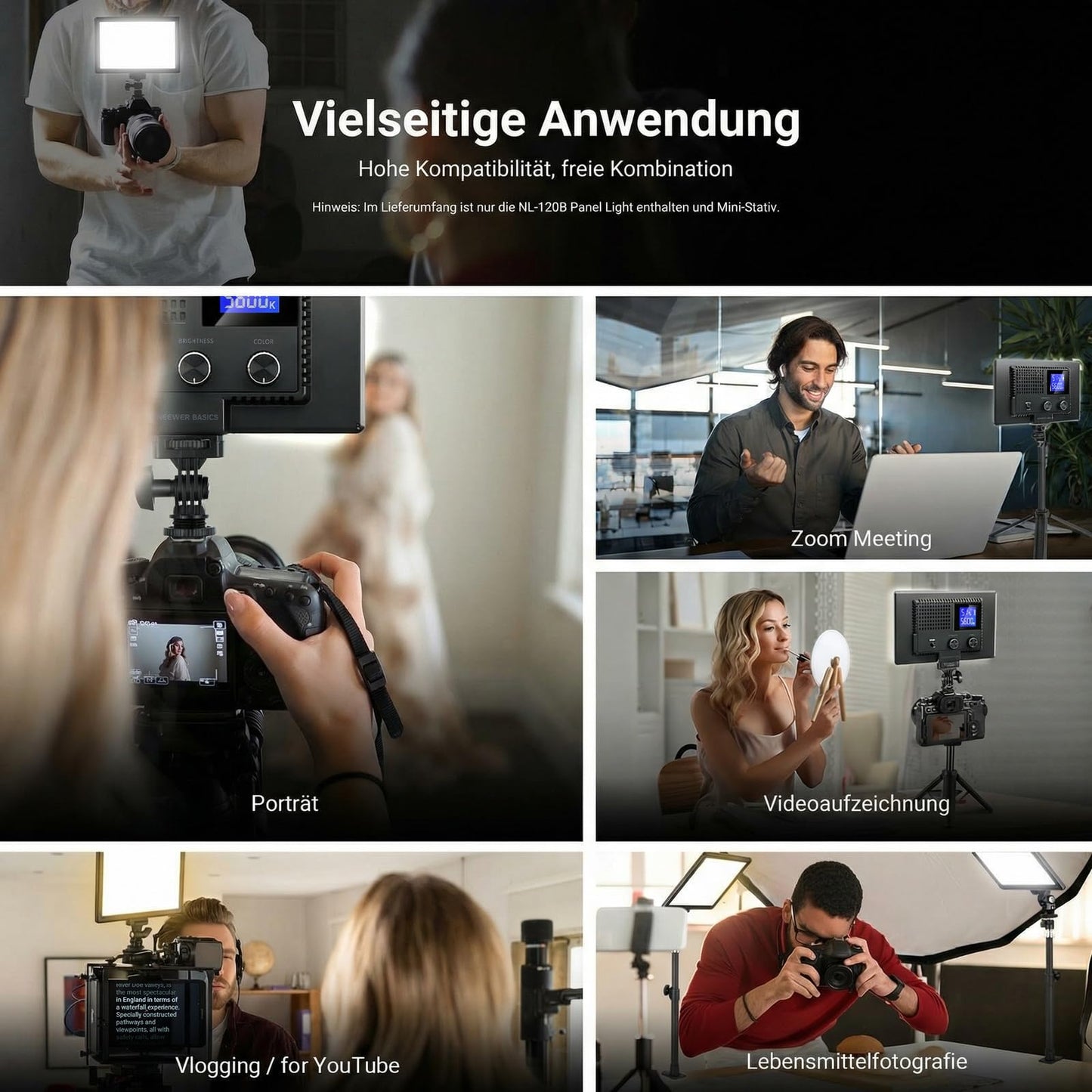 NEEWER Basics 9" LED Panel Light, 3200-5600K Edge Lit Video Light, Dimmable Camera Soft Key Light with Table Tripod, CRI95+ 800Lux, 4000mAh Rechargeable for Photography, Video and Streaming, NL-120B