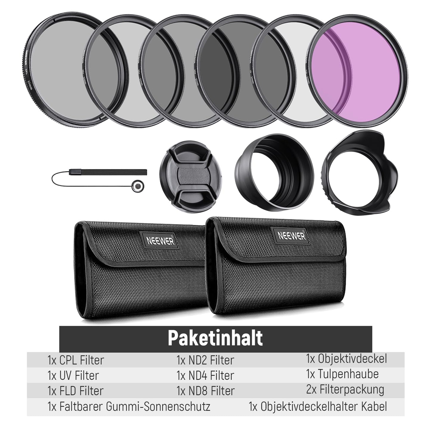 NEEWER 37mm lens filter set: UV, CPL, FLD, ND2, ND4, ND8, lens hood and lens cap compatible with Canon Nikon Sony Panasonic DSLR cameras with 37mm lens - 10103884