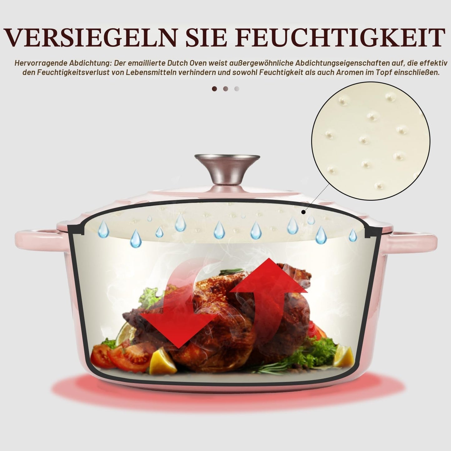 Overmont roasting pan enamel cast iron pot - casserole 28cm oven-safe - with lid and cookbook - for kitchen baking stewing roasting pink - Enamelled