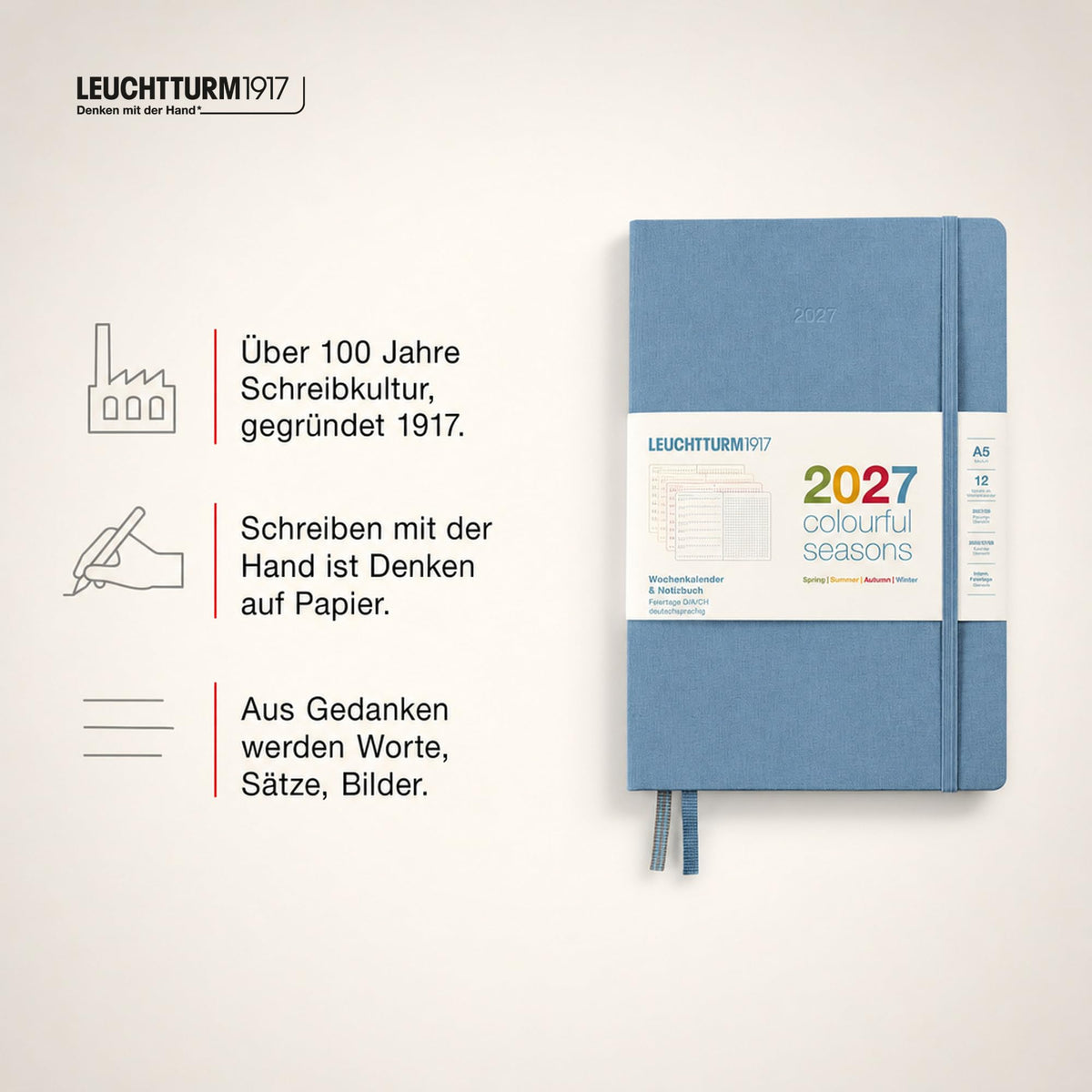 LEUCHTTURM1917 Calendar săptămânal și caiet cu puncte medie (A5) 2027, anotimpuri colorate albastru, engleză, cartonat, prezentare generală calendar 2026/2027/2028, prezentare generală a planificării 01.27-12.28, planificator de proiecte - 400371