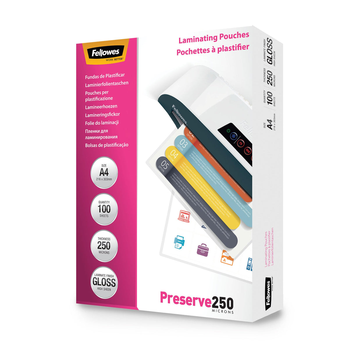 Fellowes Laminating Pouches A4, 250 Micron (2 x 250 mic), Hot Laminating Pouches with Glossy Finish, Very Strong, 100 Pieces - 5401802