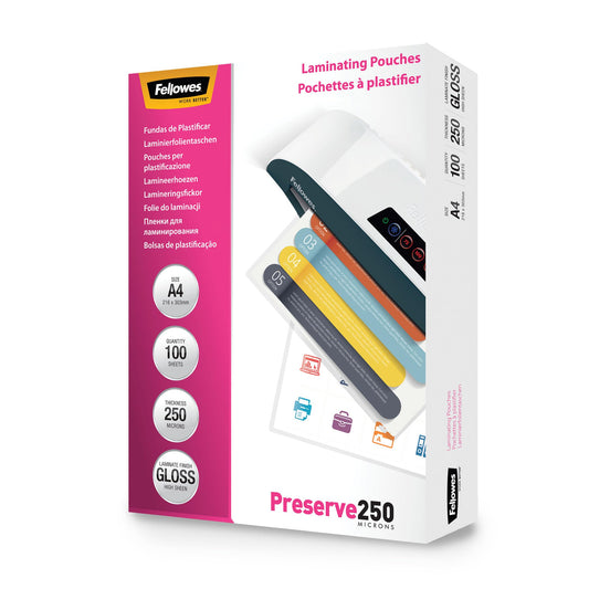Fellowes Laminating Pouches A4, 250 Micron (2 x 250 mic), Hot Laminating Pouches with Glossy Finish, Very Strong, 100 Pieces - 5401802