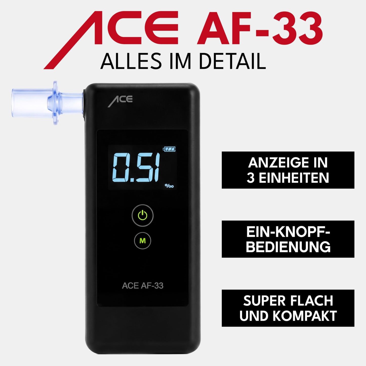 ACE AF-33 breathalyzer - the #1 alcohol tester according to BILD with a grade of 1.1 (test 2025) - 95.8% accuracy (TU Vienna, January 2026)