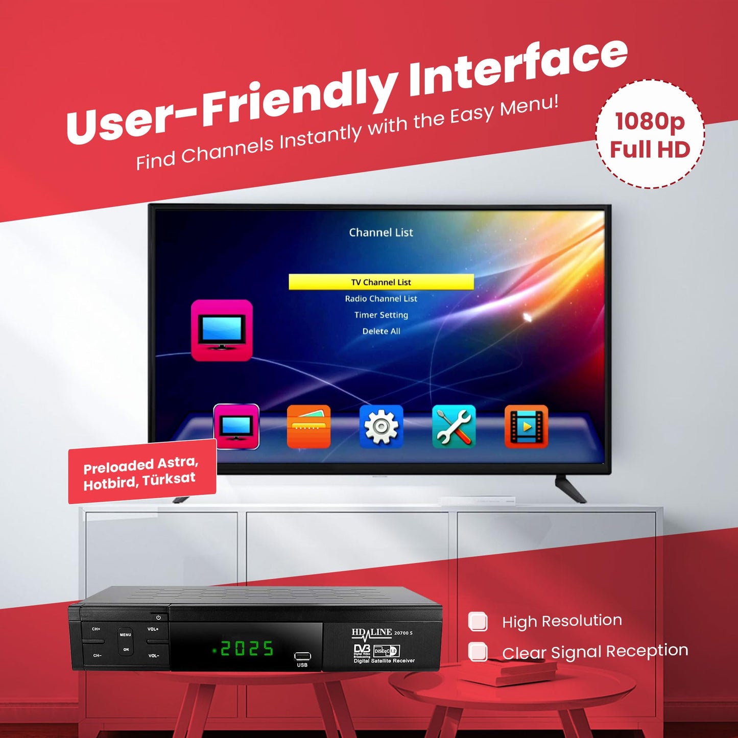 Hd-line 20700 HD Sat Receiver Satellite DVB S2 HD Receiver for SAT Digital Satellite SAT Receiver (DVB-S/S2, HDMI, SCART, 2X USB 2.0, Full HD 1080p) (Pre-programmed for Astra Hotbird and Türksat)