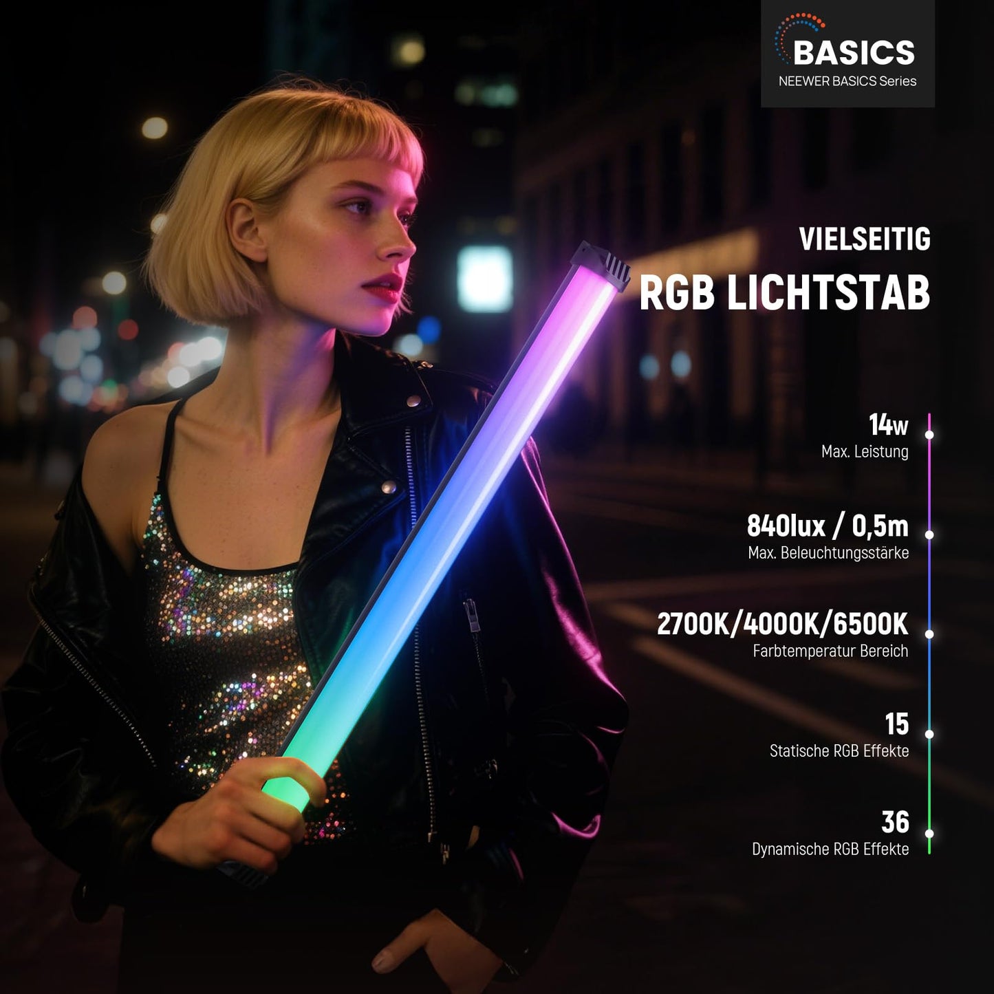 NEEWER Basics 21" Magnetic RGB Light Stick, CRI95 Dimmable 14W LED Handheld Video Light Stick with 51 RGB Modes, 4000mAh Battery for YouTube, TikTok, Recording Studio, Photography, Streaming, SL50