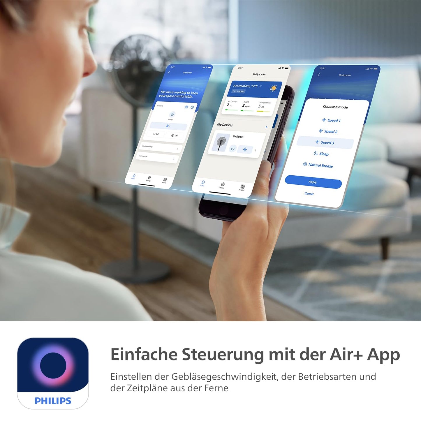 Philips Smart pedestal fan series 3000. Strong & extremely quiet SilentWings technology. 19dB. 2-in-1 table & pedestal fan. Tiltable & rotatable. App control. 12 hour timer. Black (CX3550/01)