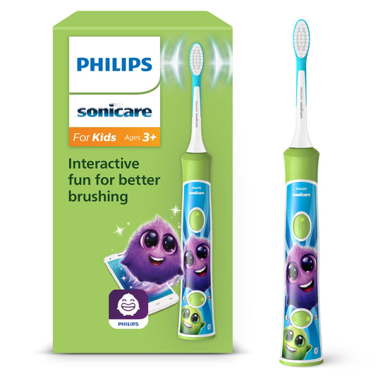 Philips Sonicare For Kids, electric sonic toothbrush with app, for children aged 3 and up, featuring SmartTimer and QuadPacer for thorough cleaning, Green, model HX6352/11