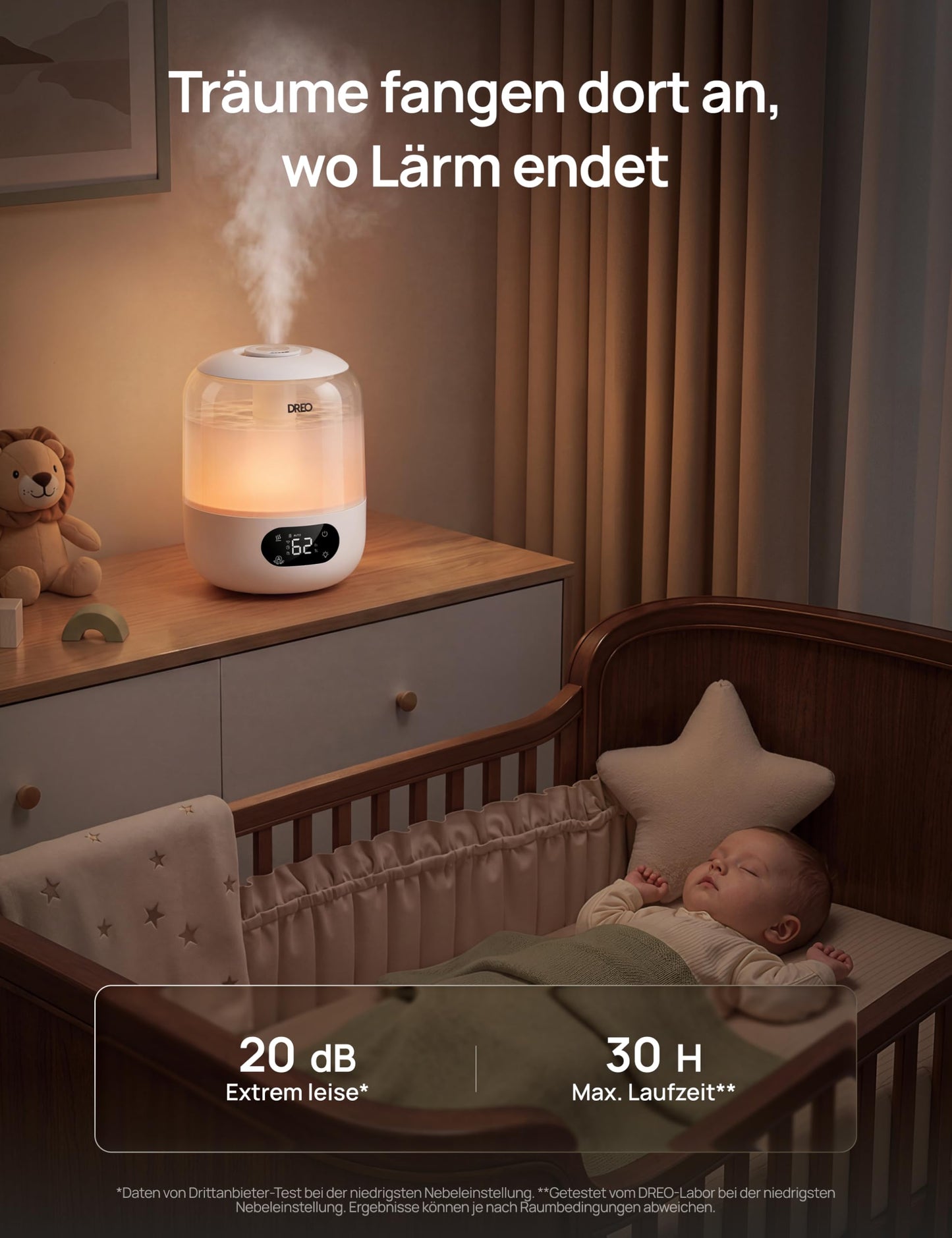 DREO humidifier bedroom, ultrasonic cold mist with WiFi/app control, humidity sensor, RGB ambient light, 3L water tank, easy cleaning, up to 30 hours running time - DR-HHM006S