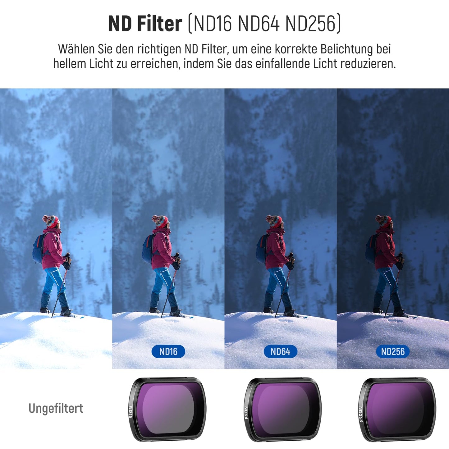 NEEWER filter set, compatible with DJI Osmo Pocket 3 / Pocket 4 / Xtra Muse, magnetic ND filters (ND16 + ND64 + ND256) and black diffusion filter 1/4 for a cinematic fog effect - FL-42