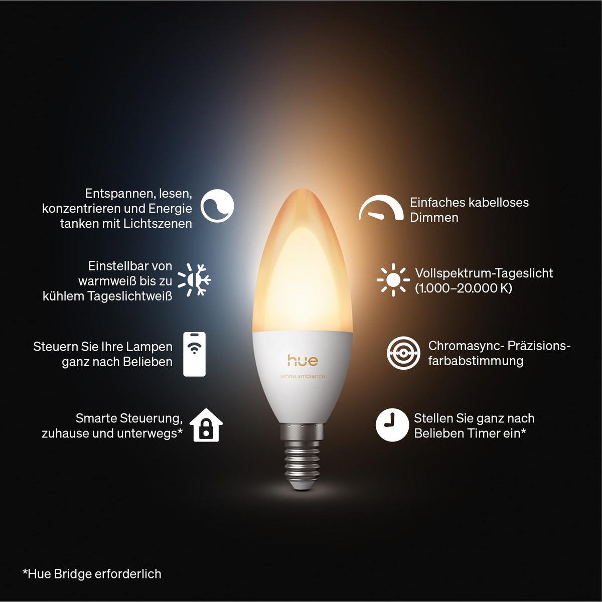 Philips Hue Smart LED Bulb, B39, E14, 1-Pack, White Ambiance, Full Spectrum Light 1,000 K–20,000 K, 500 lm, Extremely Low Dimmable, Alexa, Google Home, Apple Home - 929004295601