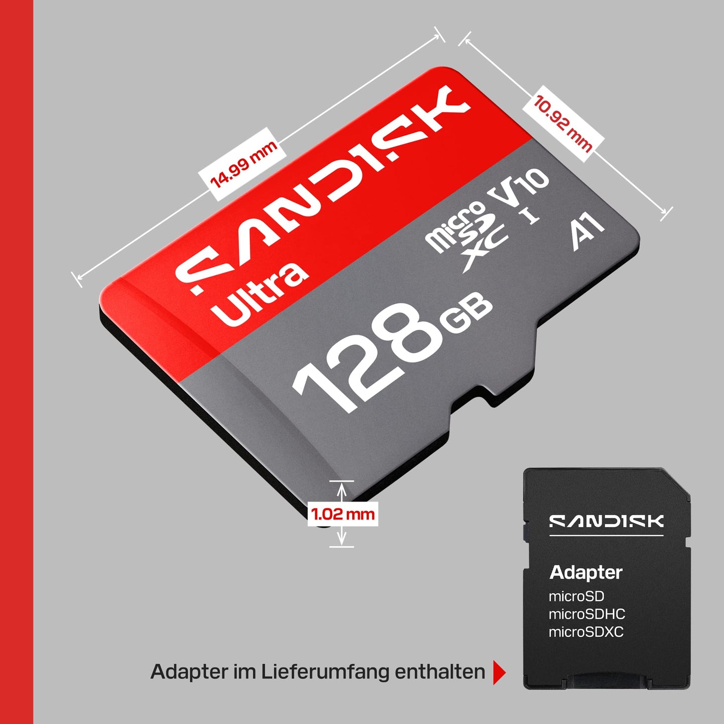 SANDISK Ultra microSDXC 128GB, UHS-I Card + SD Adapter (up to 195MB/s Read, Full HD Video, V10, U1, C10, A1) Card for Android smartphones or tablets, cameras and laptops - SDSQUJQ-128G-GZ6MA