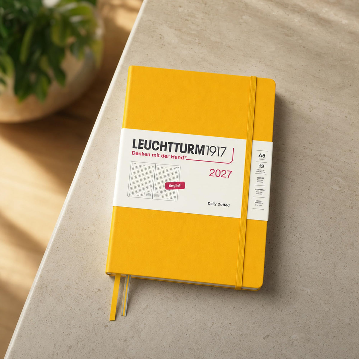 LEUCHTTURM1917 Calendar zilnic 2027 cu punct mediu (A5) - engleză, floarea soarelui, 145 x 210 mm, ianuarie-decembrie (12 luni), 1 pagină pe zi, grilă orară 7:00-22:00, copertă cartonată, hârtie de 80 g/m² - 400335