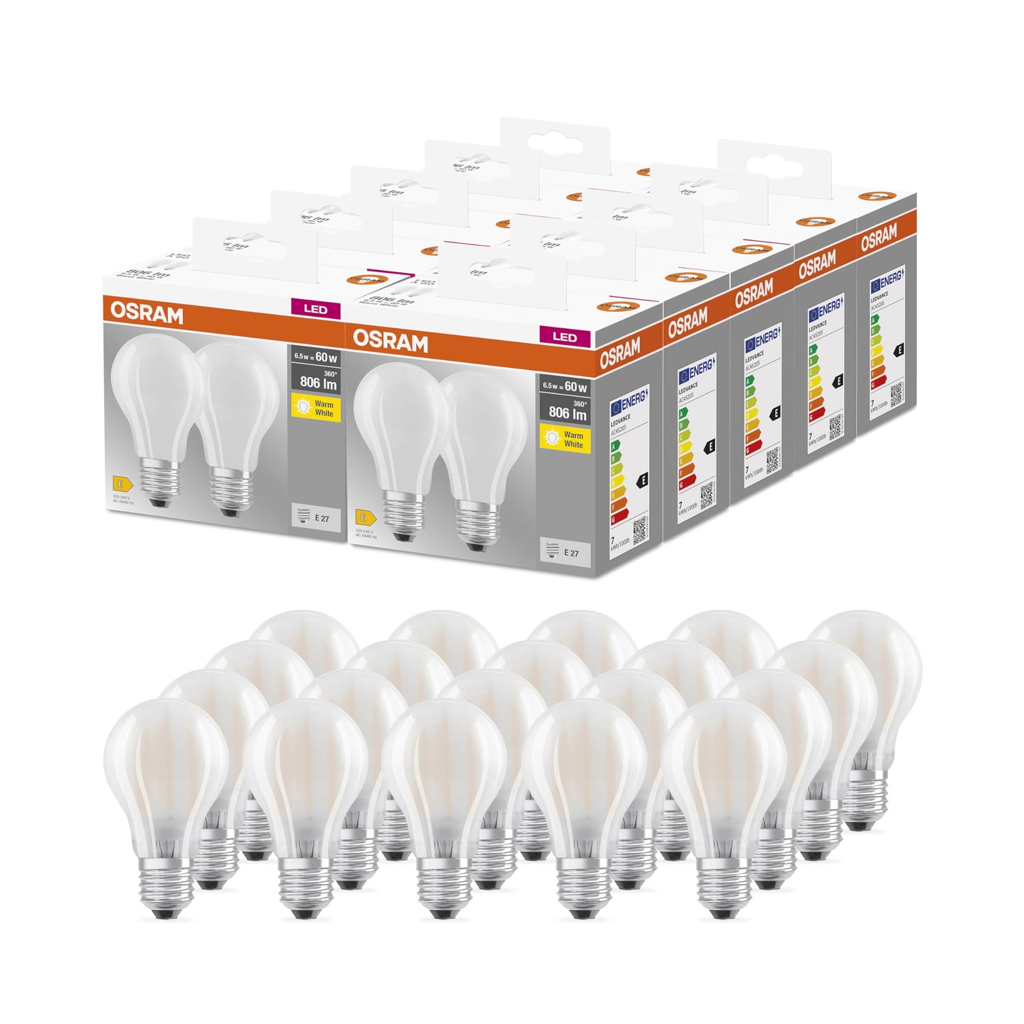 Osram BASE CLASSIC A GLFR 60 LED lamp with E27 base, bulb shape, double pack, 6.5W, 806lm, 2700K, warm white light, low heat generation, long service life, low energy consumption, 20 pack - 4099854064081