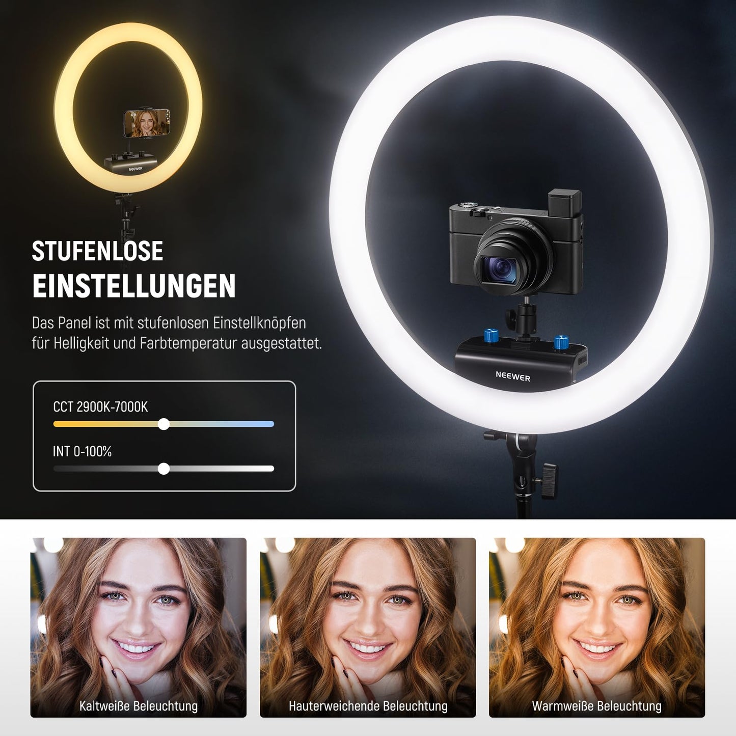 NEEWER Professional Ring Light with Stand and Phone Holder, 18" Ultra Thin, 45W 2900K-7000K TLCI98, Remote Shutter and App Control, Softer Lighting for Make Up Live Stream TikTok, RP18B Pro - 10103018