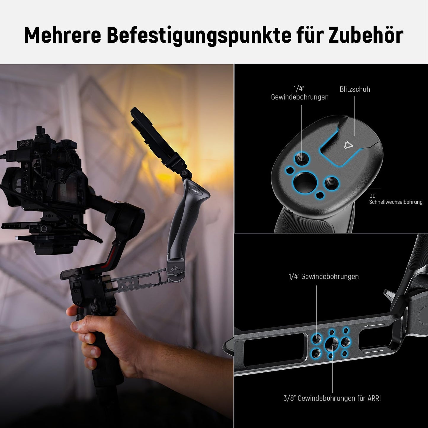 NEEWER Basic Adjustable Gimbal Grip Sling Handle Compatible with DJI Ronin RS4Mini RS4 RS4Pro RS3 Mini RS 3 Pro RS2 RSC 2 Stabilizers, Ergonomic Handle for Accessory Expansion, CA143
