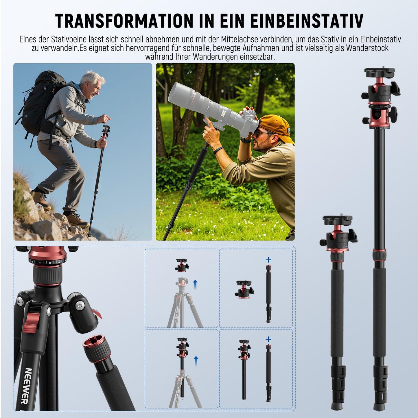 NEEWER Basics 70.9" camera tripod monopod with center column/ball head - TP16