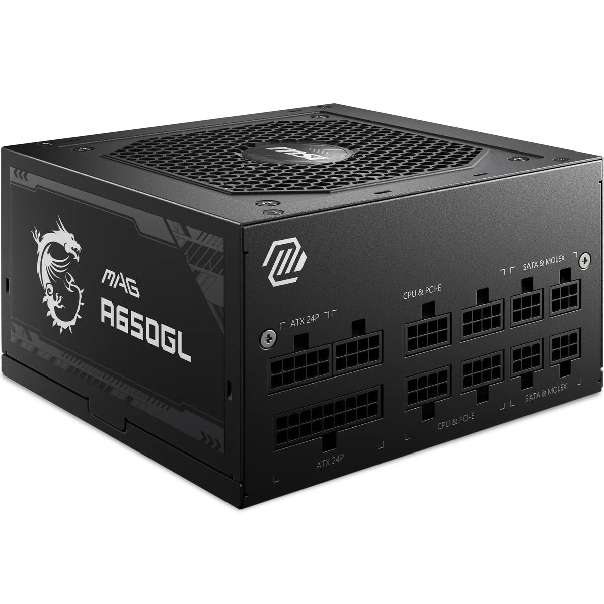 MSI MAG A650GL Sursă de alimentare, 650W, 80 Plus Gold, complet modulară, ventilator de 120mm FDB cu rulmenți dinamici, Full-Bridge LLC, cabluri plate negre - 7 ani garanție - 306-7ZP8C11-CE0
