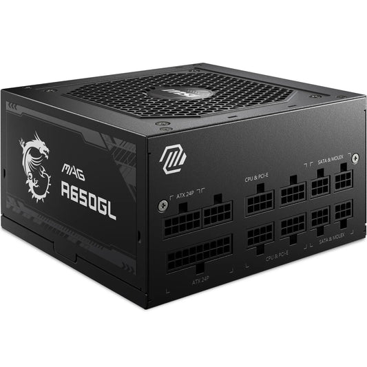 MSI MAG A650GL Sursă de alimentare, 650W, 80 Plus Gold, complet modulară, ventilator de 120mm FDB cu rulmenți dinamici, Full-Bridge LLC, cabluri plate negre - 7 ani garanție - 306-7ZP8C11-CE0