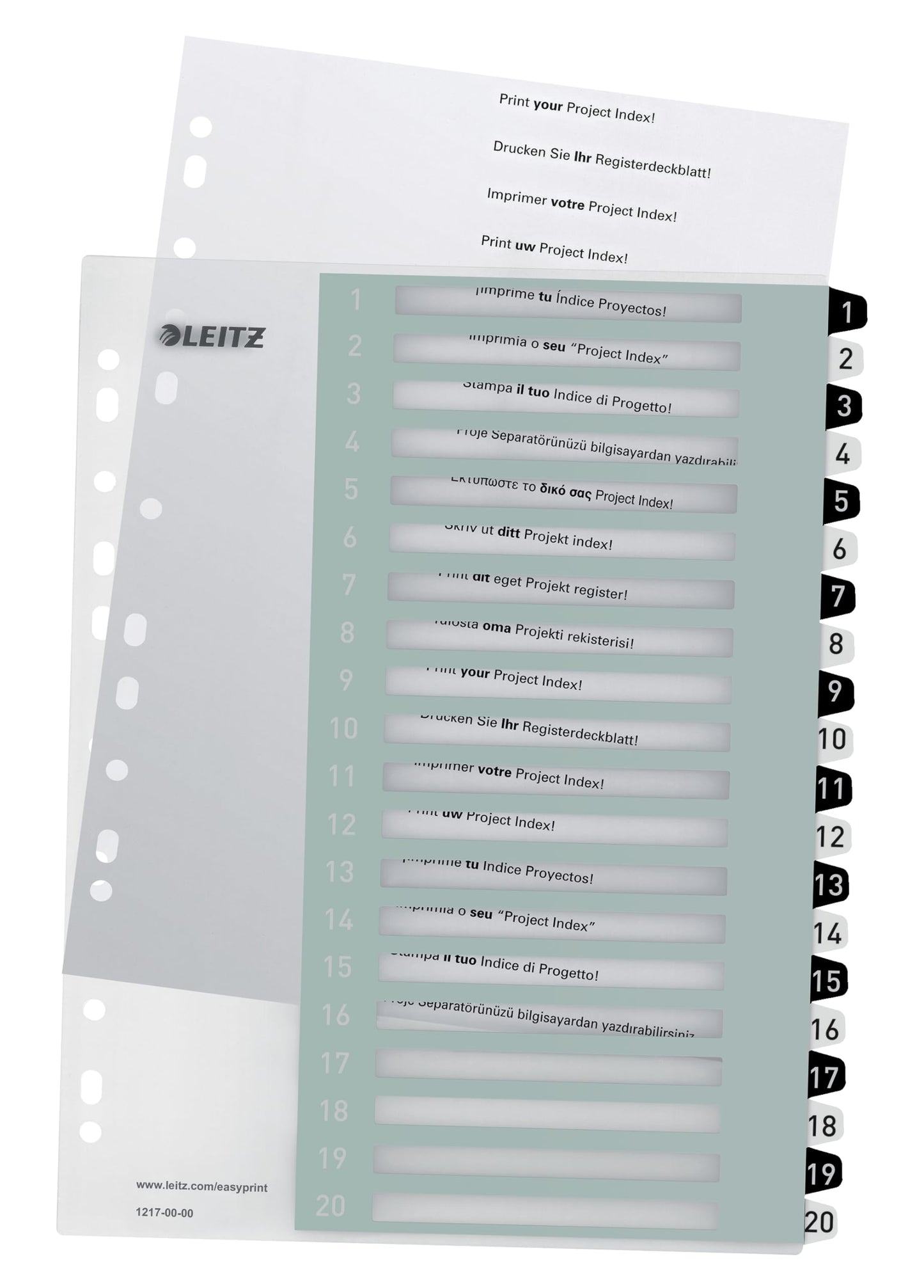 Leitz index for A4, pack of 6, PC-writable cover sheet and 20 dividers, tabs with numbers printed 1-20, extra width, white/black, polypropylene, WOW, 12170000 - 12170000-6
